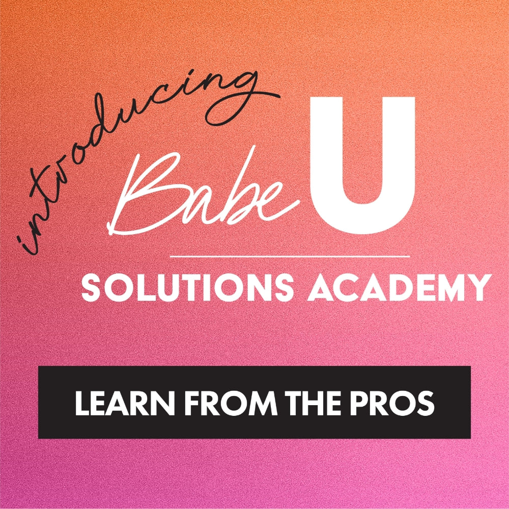 Text reading "Babe U Solutions Academy: Learn from the pros" in bold and italicized font on a pink organge colorful background.