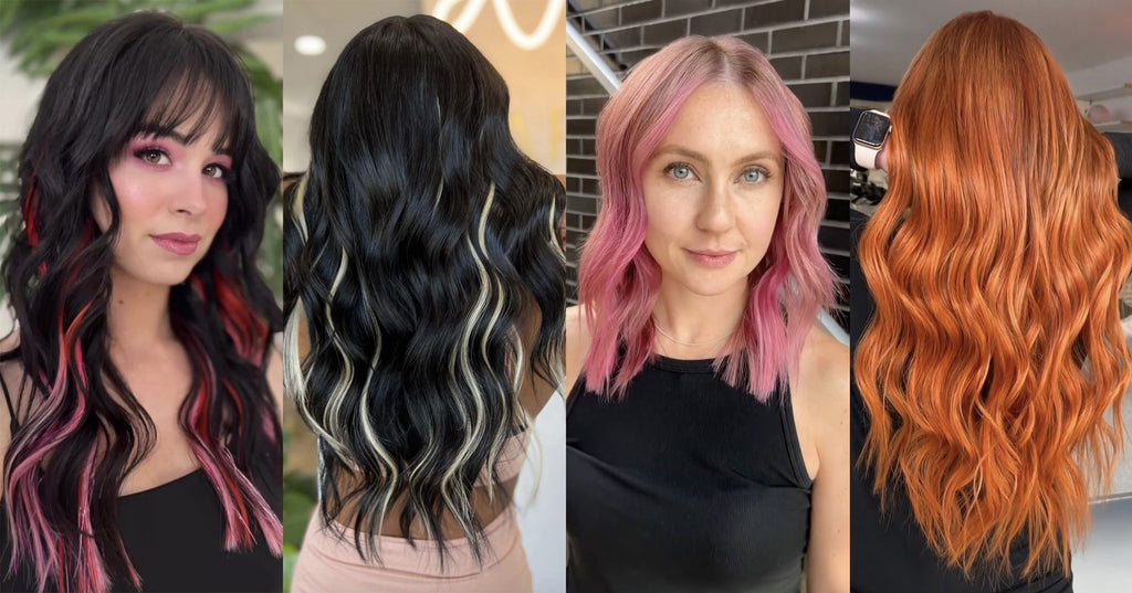 Collage of Halloween hair looks, including pink hair and orange hair costumes.