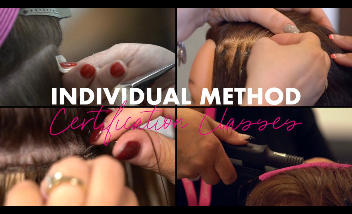 A stylist carefully attaches hair extensions using an individual method on a client's hair.