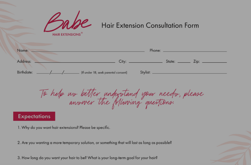 A Babe Hair Extensions consultation form on a gray background.