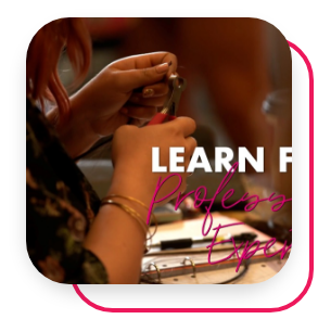 A hair stylist demonstrating skills for hair extensions with text "learn from professional experts."