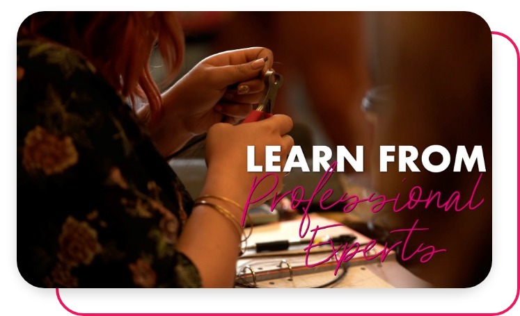 A woman demonstrating hair extension skills with text reading "learn from professional experts."