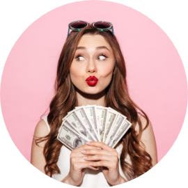 Female with money in hand on pink background.
